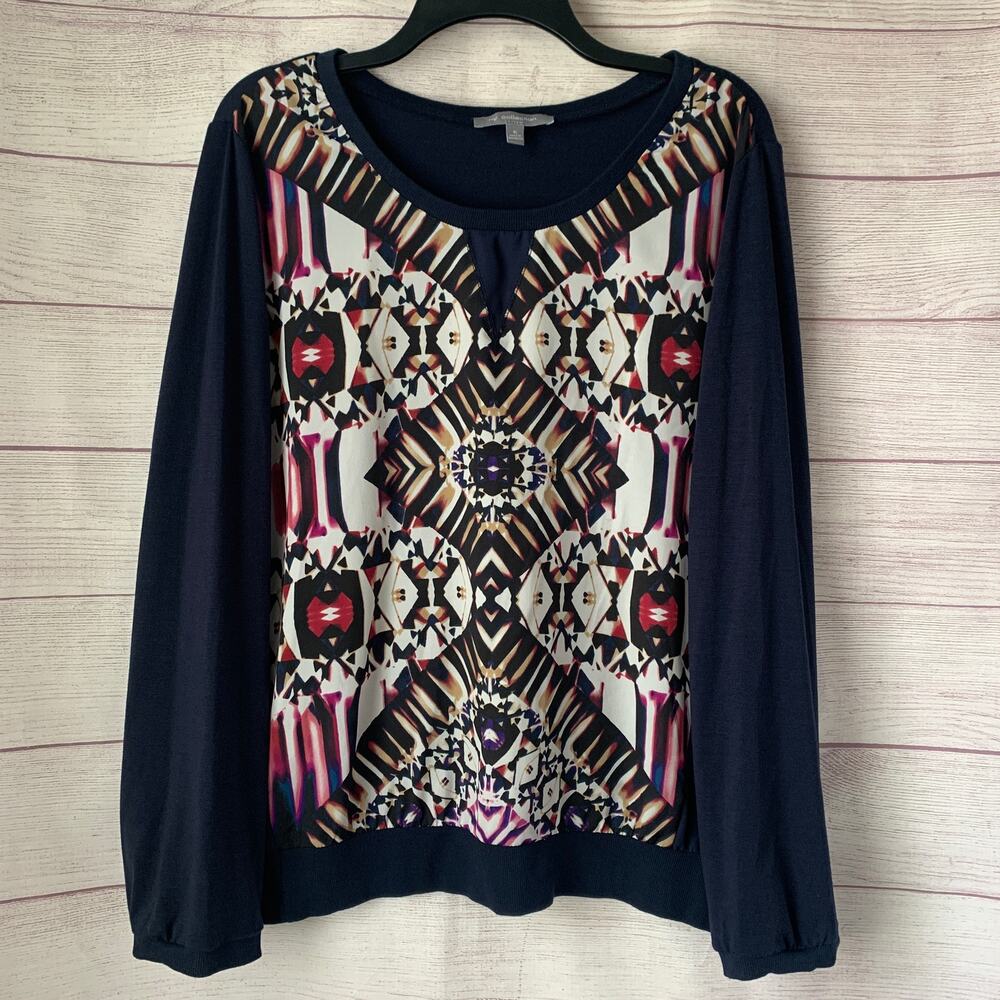 NY Collection Navy Blue Shirt Pattern Front Long Sleeve Size XL